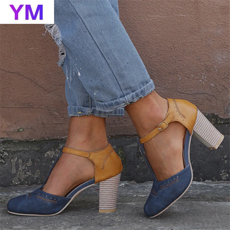 

The New Summer 2020 Europe America Version of Women's High Heel Round Head One-word Buckle Plus Size Fashion Versatile Shoes