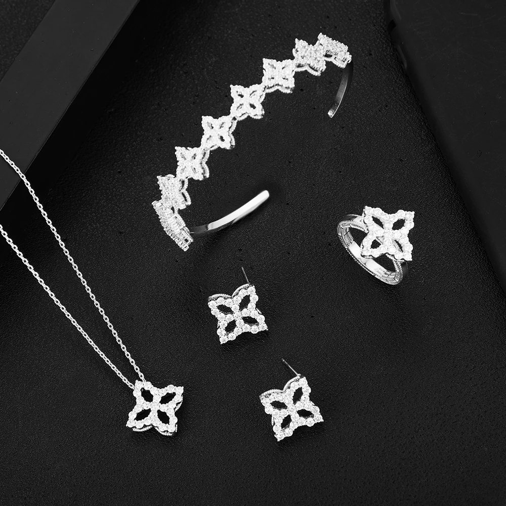 

Роскошные комплекты для женщин, свадебные комплекты с цветочным рисунком, ожерелье и серьги, полный циркон, комплект ювелирных изделий для ...