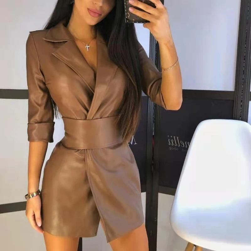 

Notched Faux PU Leather Bandage Women's Dress Ladies Jacket Short Dress With Belt 2021 Spring Autumn Streetwear Vestido Female