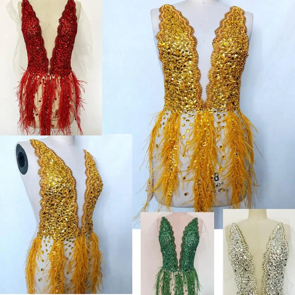 Handmade sew on rhinestones applique on mesh beads Ostrich feather full  front body  patches for dress accessory