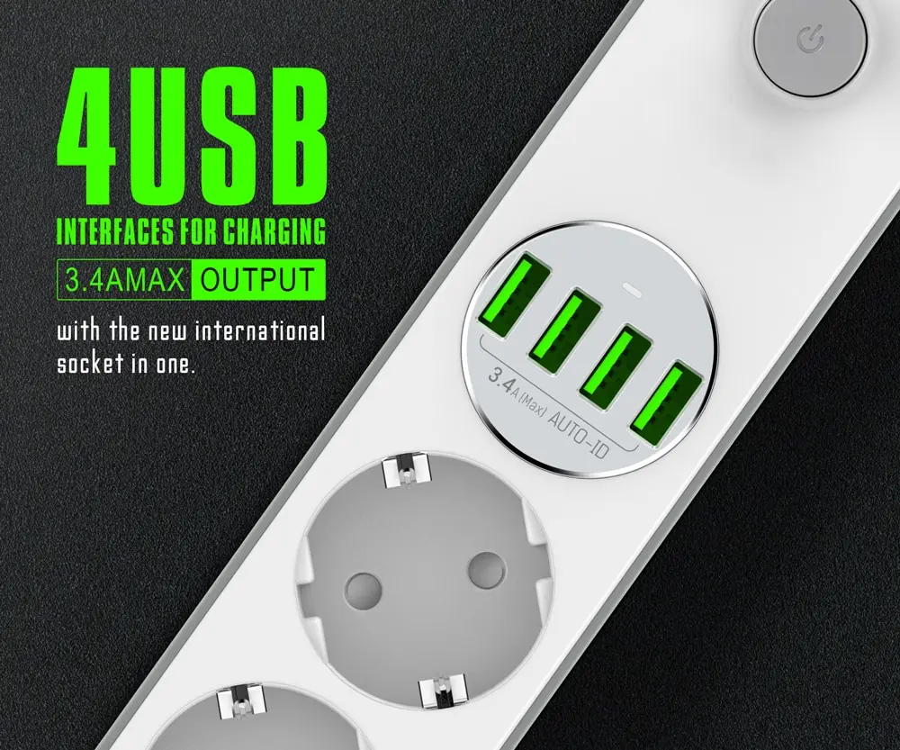 Сетевой фильтр электрический удлинитель переноска адаптер на 4 розетки USB 3.4A 17W