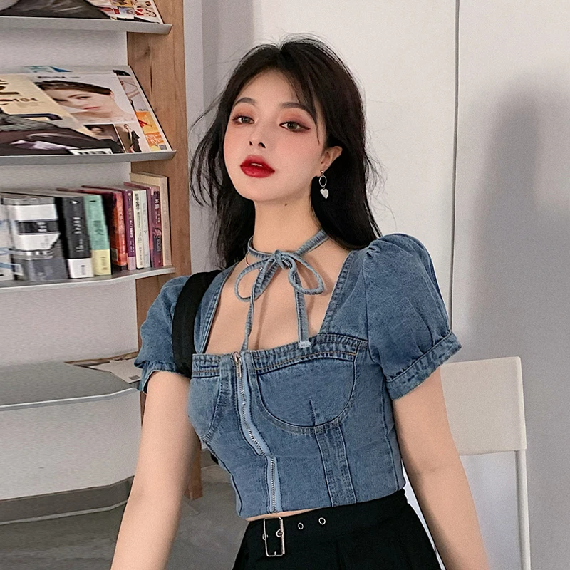 Женский Джинсовый укороченный топ синяя Модная брендовая облегающая блузка с
