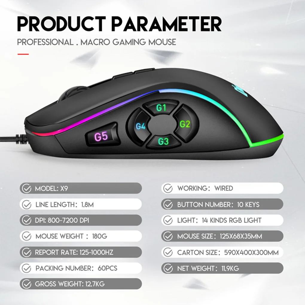

Game Mouse Wired 10 Buttons Gaming Mouse Adjustable RGB Computer Accessory with Colorful Light