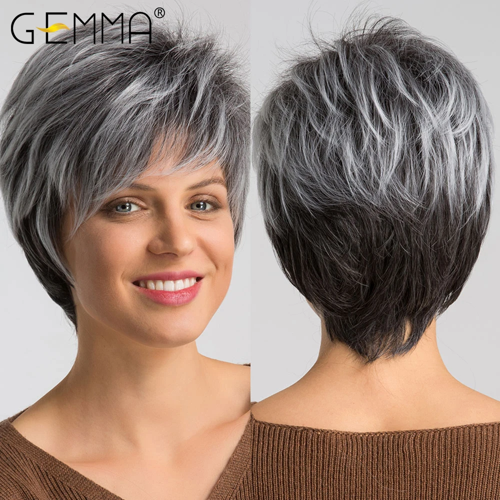 

GEMMA Short Straight Synthetic Wig Ombre Black Gray Ash with Side Bangs Pixie Cut Party Cosplay Wigs for Women High Temperature