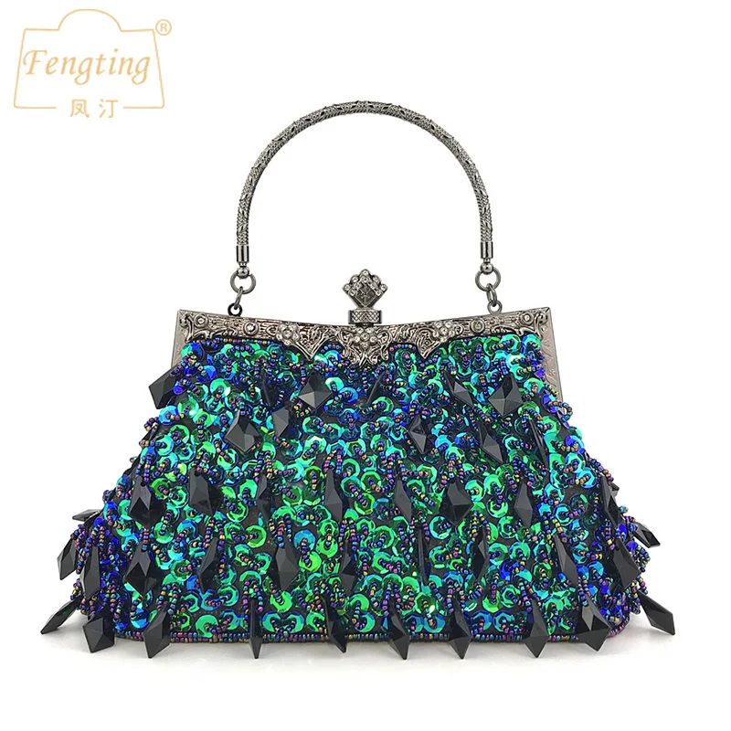 

Lady's Crystal green Clutch Bags Women Designer Party Purse Chain Shoulder Bags Ladies wedding Evening handbag black silver B401