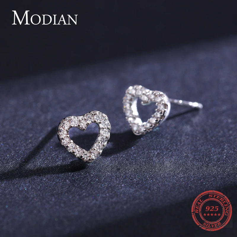 Modian Authentic 925 Sterling Silver Stud Earrings for Women Romantic Heart Shiny Clear CZ Wedding Engagement Jewelry | Украшения и
