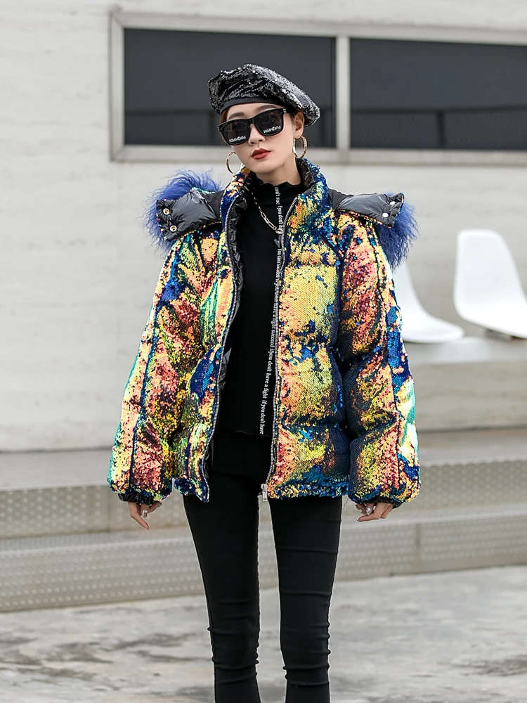 

Зимнее шикарное крутое блестящее шикарное хлопковое пальто с голограммой, женское тонкое плотное пальто с капюшоном Ins. Популярные