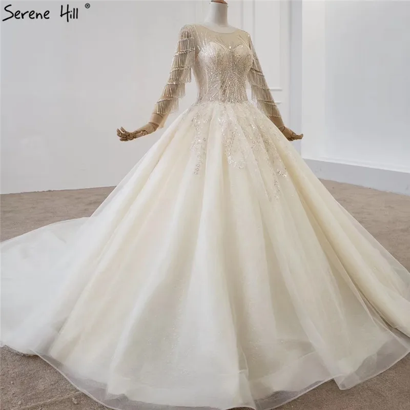 Свадебное платье цвета шампанского с длинными рукавами 2021 круглым вырезом