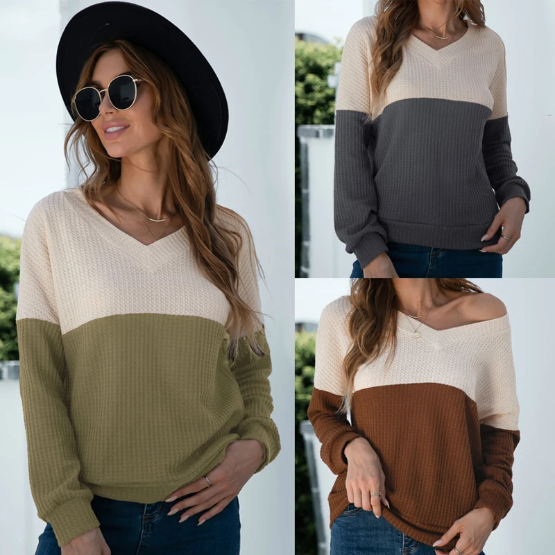 

Women's sweater V-neck patchwork knitting long sleeve pullover sweaters Top women female casual standard thickness loose 2021