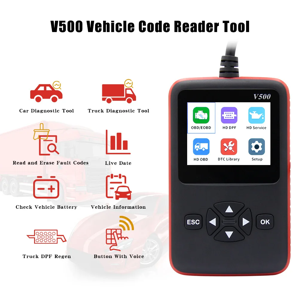 

V500 Car Truck OBD2 Scanner for Car Truck Heavy Duty Auto OBD II Code Reader DPF Oil Reset CR-HD Car Diagnostic Tool PK NL102P