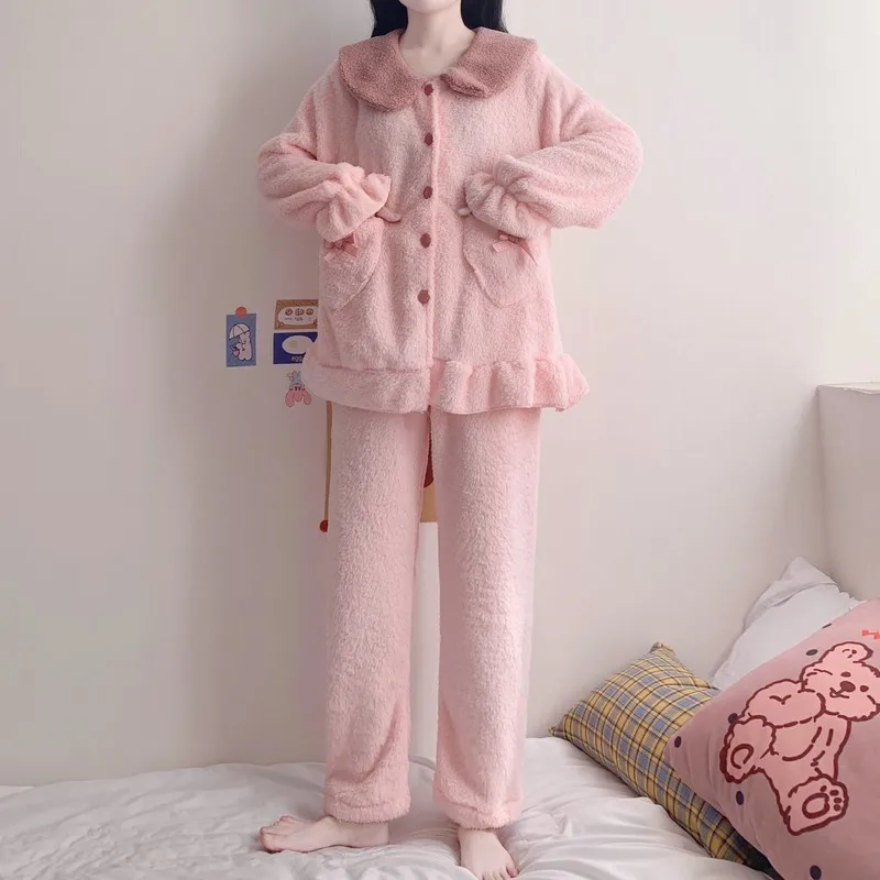 

Cute Girl Student Sweet Pink Bowknot Velvet Pajamas 2 Pieces Women Autumn Winter Long-sleeved Warm Pajamas&pants Suits Home Wear
