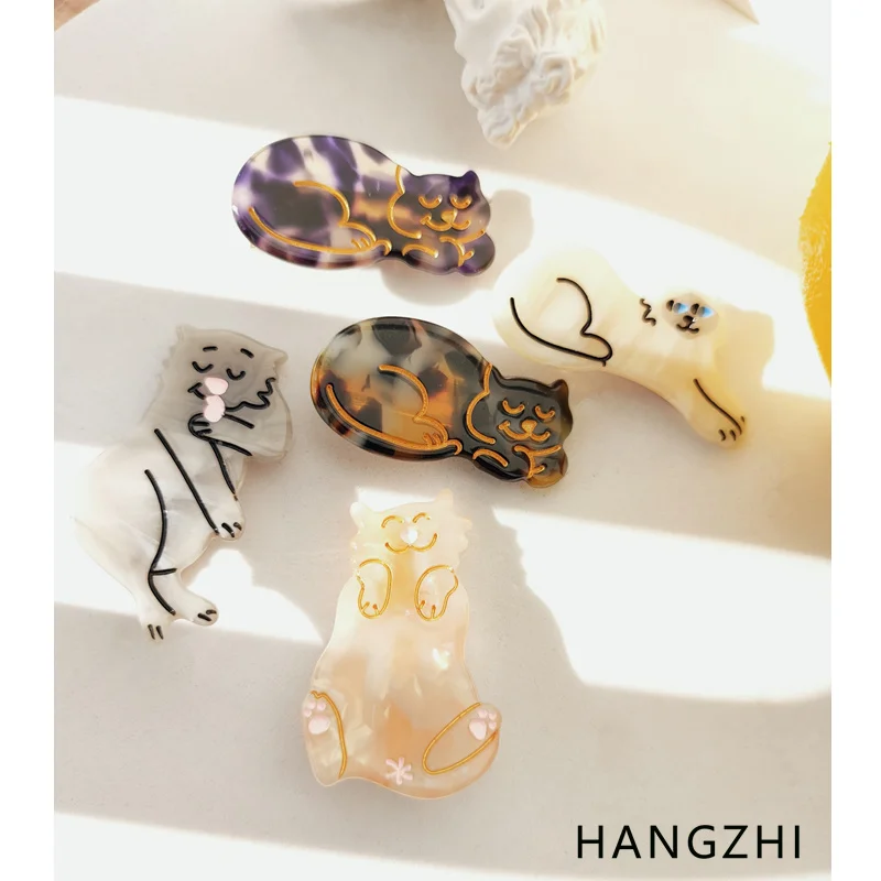 HANGZHI 2021 New French Cute Cat Animal Acetate Duckbill Clip Barrette Side Clip Hairpin Trendy Head Accessories for Women Girls