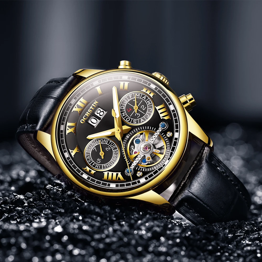 Часы мужские механические водонепроницаемые с римскими цифрами и турбийоном |