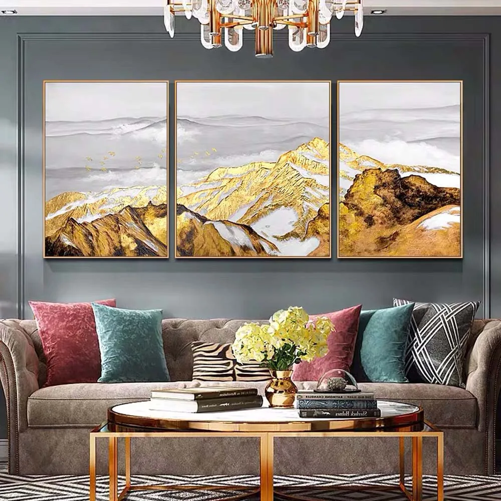 

Hand Painted Abstract Golden Foil Art Mountain Top Landscape Oil Painting Art Canvas Living Room Home Decoration Drop Shipping