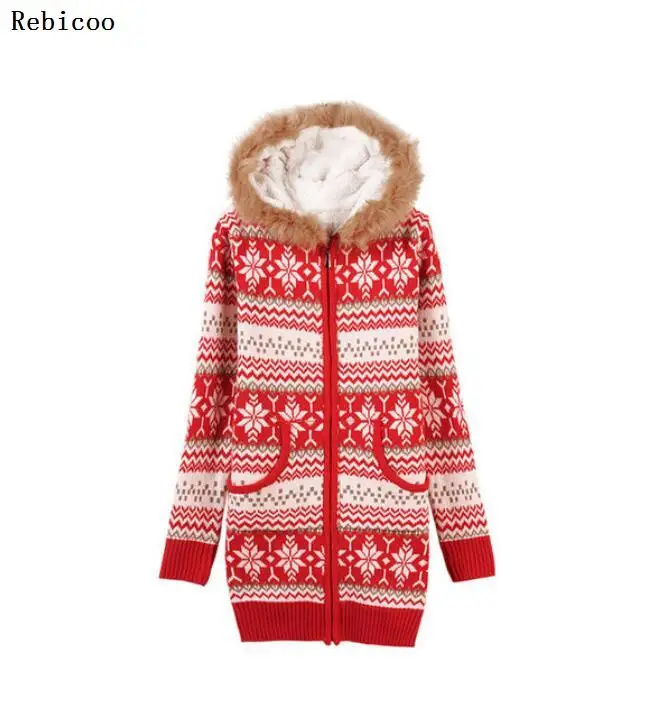 Women thick Fleece Knitted Hooded Cardigans snowflake Crocheted Sweaters Coat Slim Long Sleeved Thickening Velvet Winter Tops |