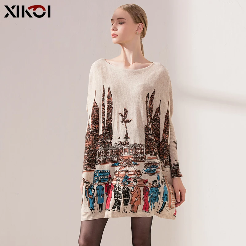 Женский свитер большого размера зимнее трикотажное платье-пуловер с рукавами