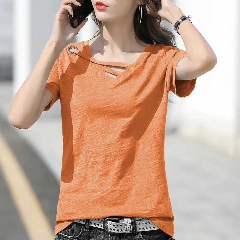 

Short-sleeve Bandage Cross V Neck T Shirt Lady Green White Bottoming Shirt Oversized Summer Tee Korea Women T-shirts Slim Top