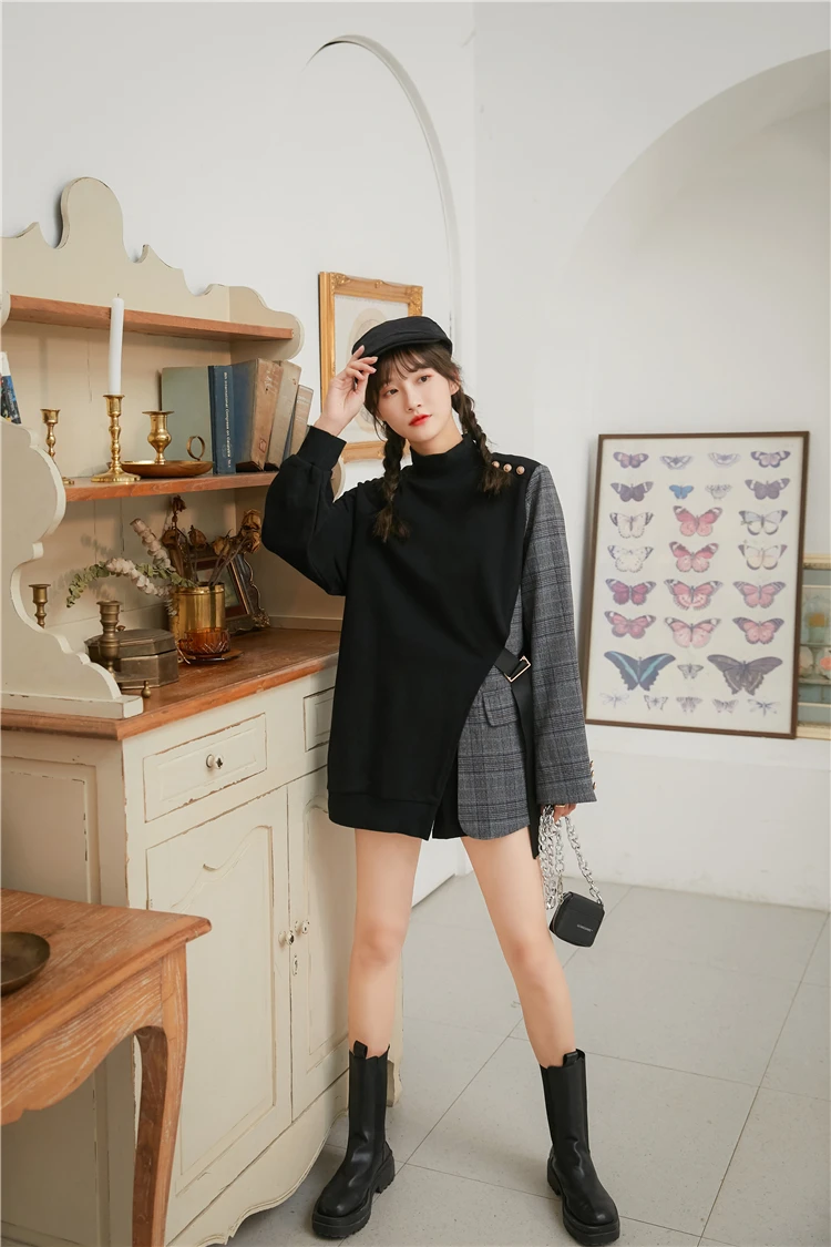 

CHEERART Winter Turtleneck Plaid Patchwok Sweatshirt Women Hoodie Grey Black Irregular Designer Sweatshirt 2020 Fashion Clothes