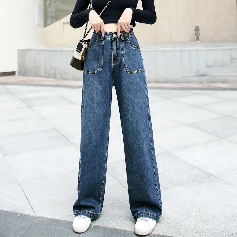 

High Waist Straight boyfriend jeans for women Women blue Casual Loose Wide Leg Denim Pants Fashion Vintage Plus Size Trousers