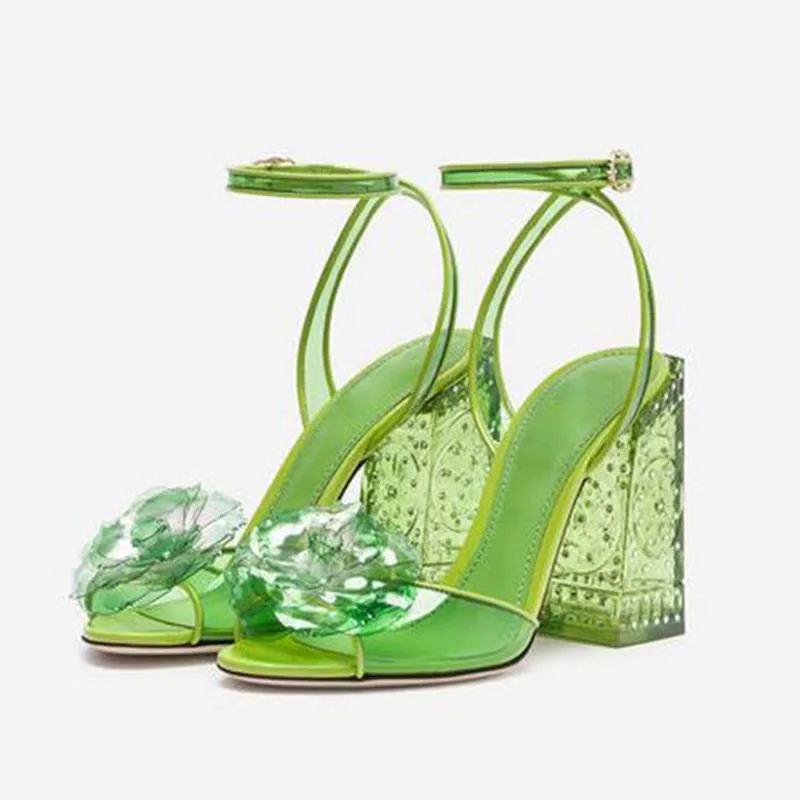 Green Crystal Sandals Women Open Toe Flower Rhinestone Ankle Strap Transparent High Heel Shoes Woman Fashion Wedding Shoes