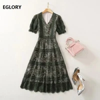 high quality lace dress 2021 spring summer celebrity party women v neck crochet lace embroidery short sleeve dark green dress