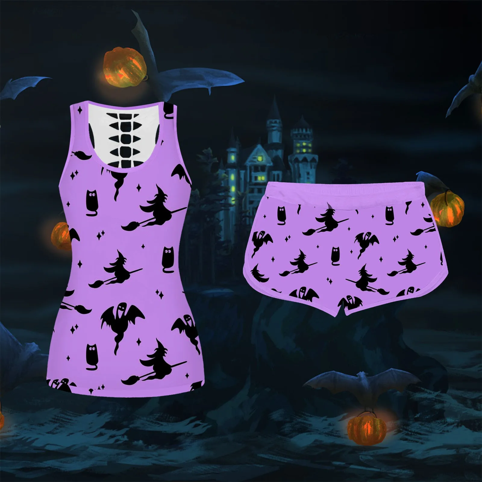 

2022 Festival Horror Prints Slim Tank Sleeveless O-Neck Tops Shorts Pants Sets Women's tube top for Halloween топ женский