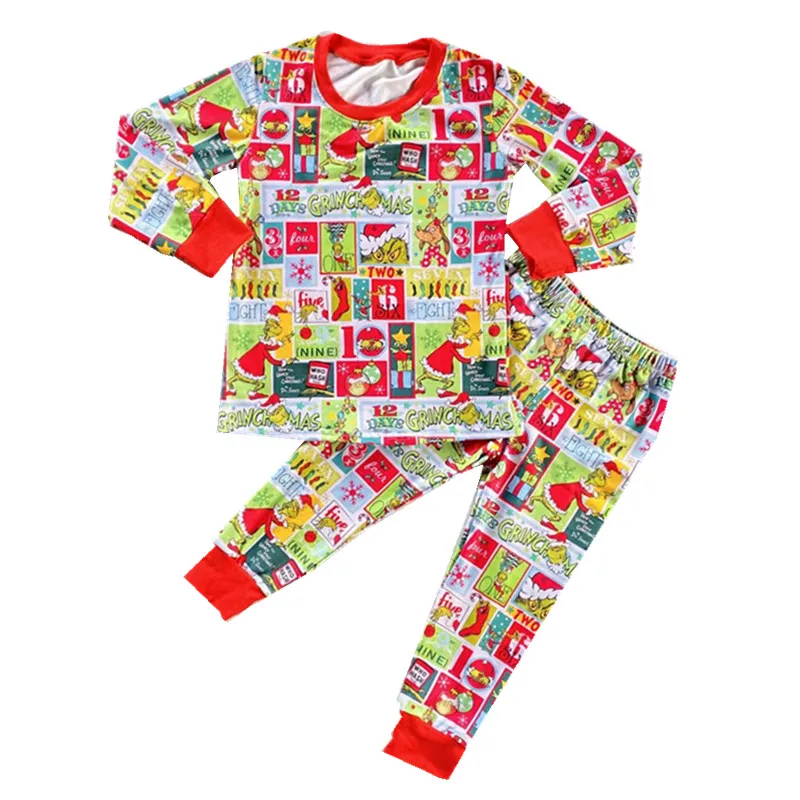 2-8Y Christmas Boy Pajamas Toddler Girls Christmas Pjs Kids Winter Clothes Baby Boys Sleepwear Xmas Grinch Pajamas Set - Цвет: 5  red cuff