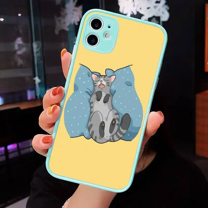

Cute cartoon cat Phone Case Matte Transparent for iPhone 7 8 11 12 s mini pro X XS XR MAX Plus cover funda