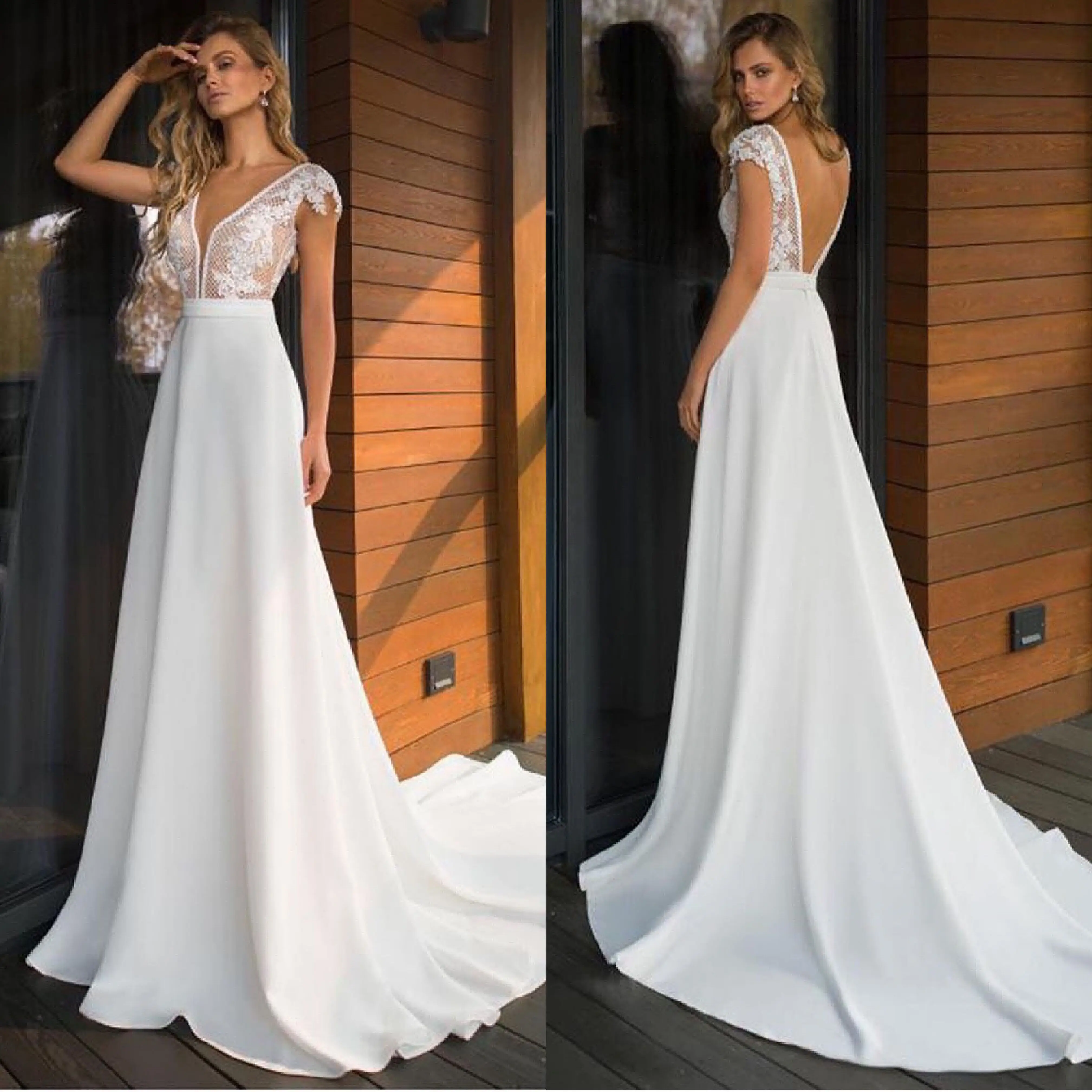 

Атласное свадебное платье с коротким рукавом, глубоким V-образным вырезом и открытой спиной