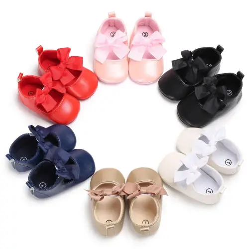 

2021 Brand New Toddler Infant Newborn Baby Girls Sneakers Bow Non-slip Crib Bow Shoes Soft Sole Party Prewalkers PU Shoes 0-18M