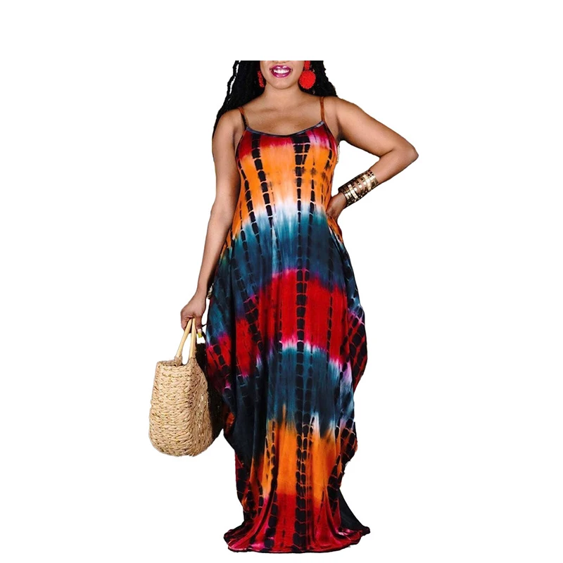 

Women Tie Dye Print Maxi Beach Dress 3XL Plus Size Sleevless Spaghetti Slim With Pocket Vintage Long Dresses Summer Vestidos