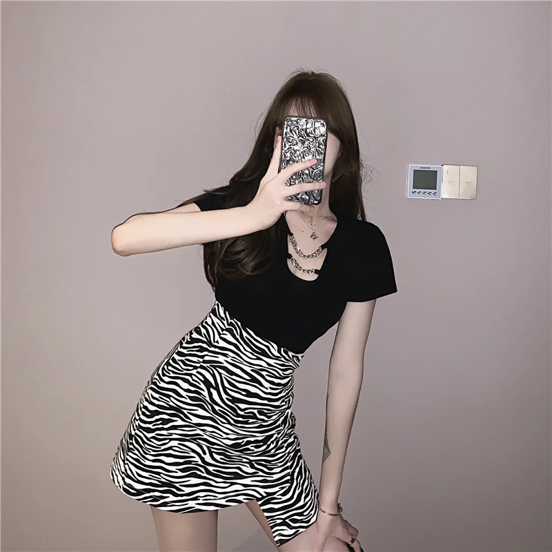 

Irregular Zebra-Stripe Skirt Women's Summer High Waist Slimming All-match One-Step Skirt New A- Line Dress Fashion Lady Girl