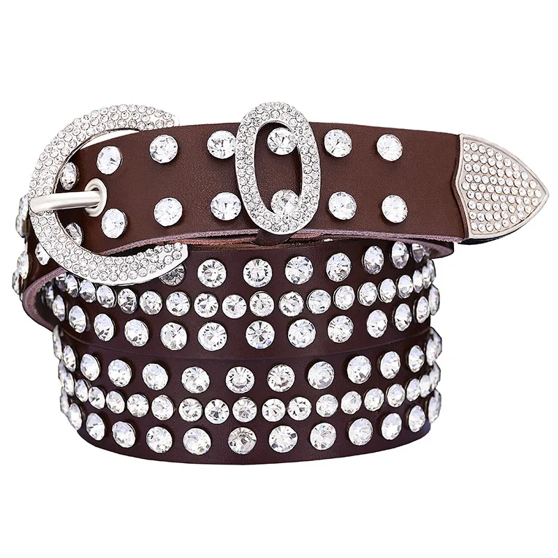 Coffee Fashion genuine leather rhinestone belts for women Luxury shining silver ring Pin Buckle belt female jeans strap width 2.8 cm - Цвет: Coffee