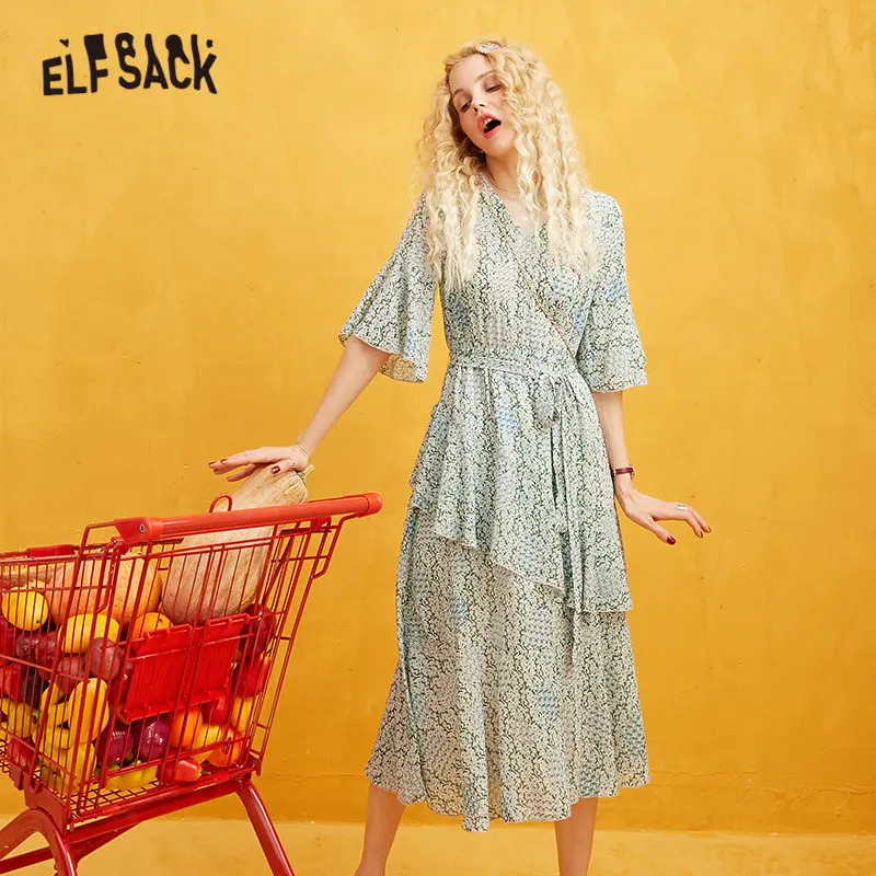 ELFSACK Зеленое Шифоновое женское платье с цветочным принтом и поясом осень 2019