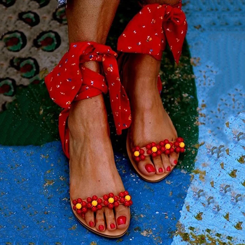 Женские летние сандалии на платформе богемные с цветочным принтом и бантом