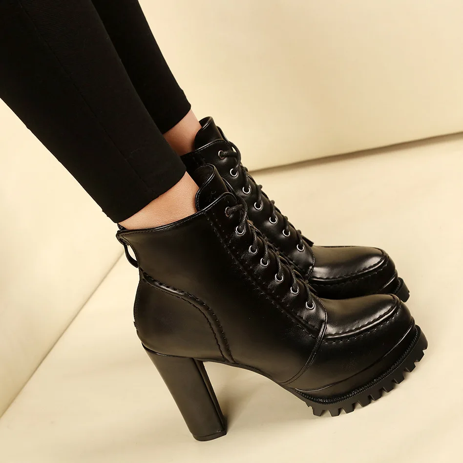 PU Leather Platform Ankle Strap Boots High Heels Women's Zip Spring Autumn Shoe Women Chaussures Femme Western Motorcycle Boots