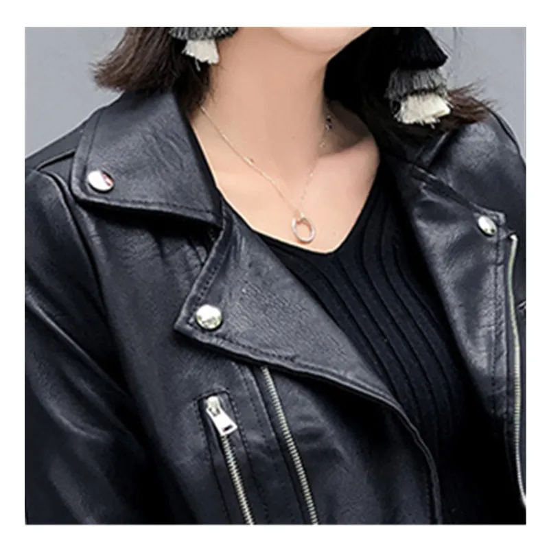 2021 Womens Spring Autumn PU Leather Jacket Short Korean Style Thin Locomotive Coat High Street Hipster Dating Sweet Cool Top enlarge