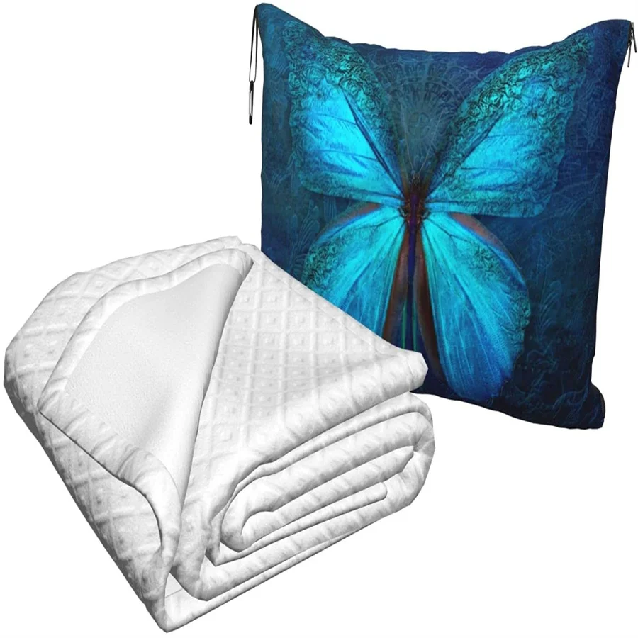 melhor Fantasia Azul Borboleta Viagem Travesseiro Cobertor Dois-em-um Mochila Cinta E Compacto Avião Saco Cintura Suporte 60x43 Polegadas