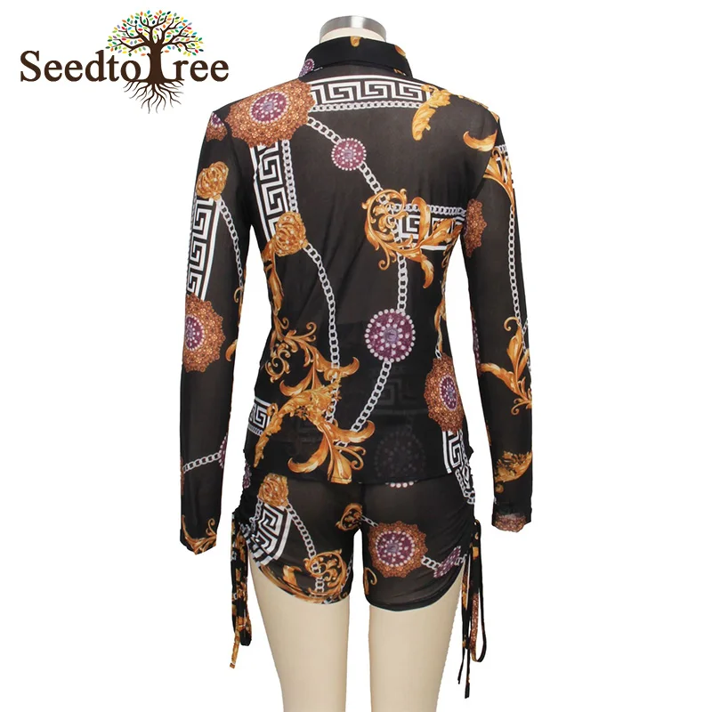 

Multi Print Sexy Mesh Long Sleeve Shirt Tops & Shorts Sets Women Summer Two Piece Set