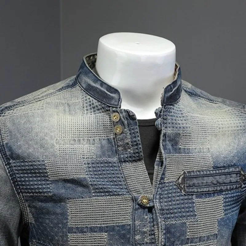 

2021 Vintage Personality Patches Cotton Denim Shirt Autumn Mens Slim Fit Long Sleeve Jeans Tops Distressed Casual Cowboy Shirt