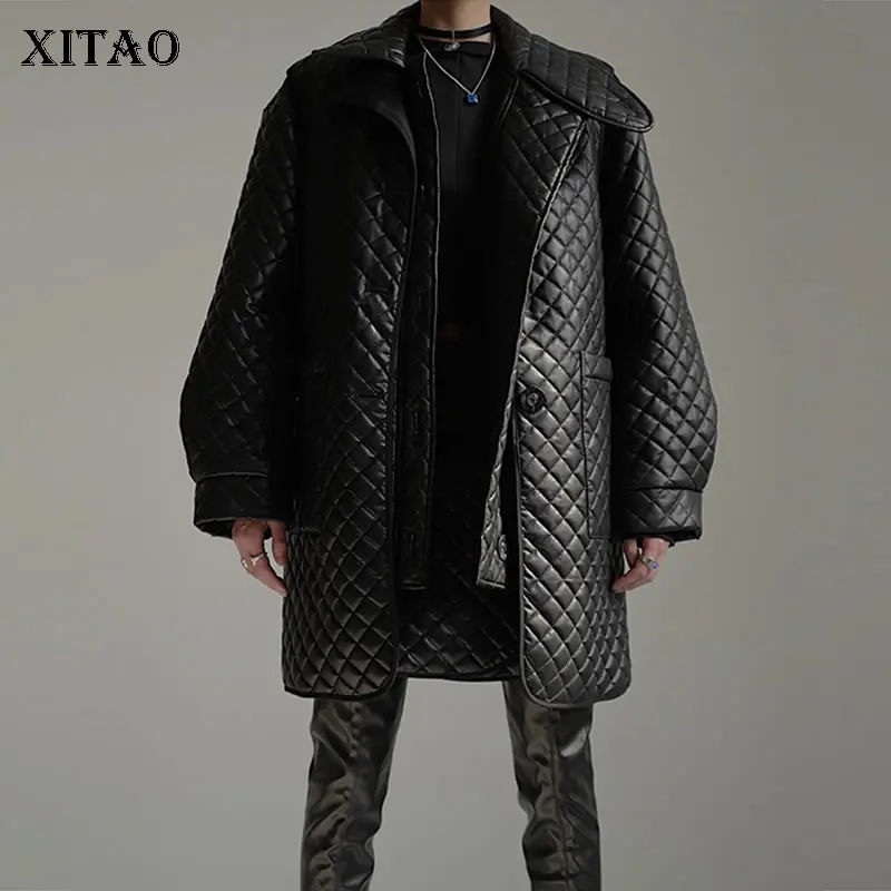 

XITAO Solid Color Patchwork Pocket Single Breasted Argyle Parka 2021 Winter New Casual Fashion Temperament All Match GWJ2413