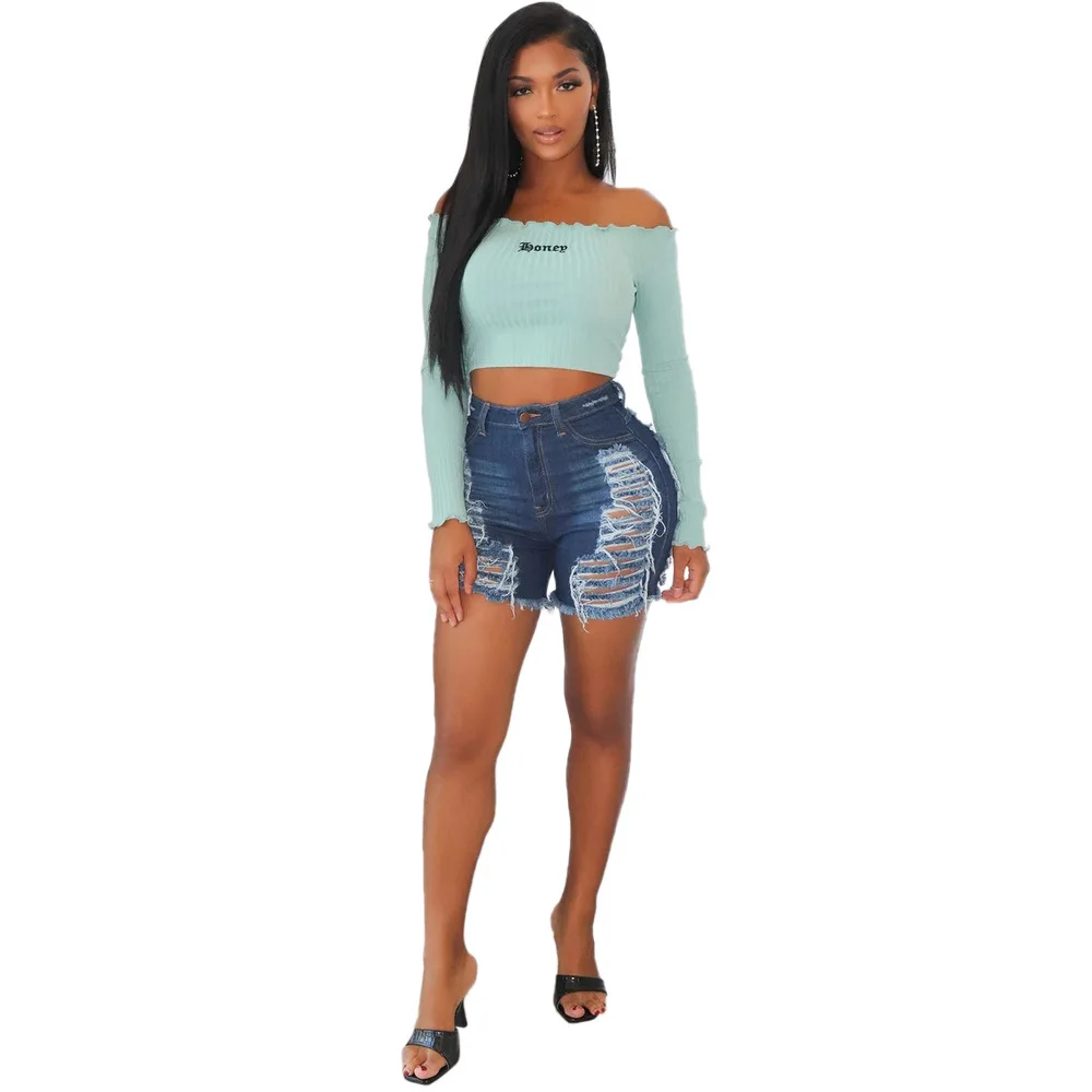 

Women Pant Washes Hollow Out Hole Ripped Jeans Summer High Waist Elastic Bandage Denim Short Fashion Stretch Plus Size Pant