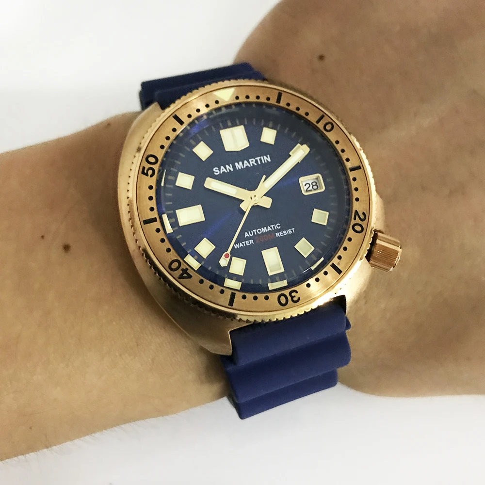 rubber strap blue San Martin, новинка 6105, часы для дайвинга с бронзовым тунцом, Водонепроницаемость 200 м, Акула, кожаный ремешок, Мужские автоматические наручные часы для мужчин - Цвет: rubber strap blue
