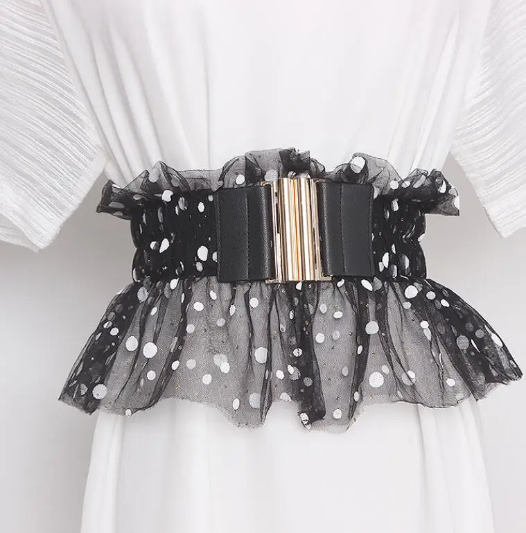 

Women's runway fashion dot print elastic shiny mesh Cummerbunds female Dress Corsets Waistband Belts decoration wide belt R669