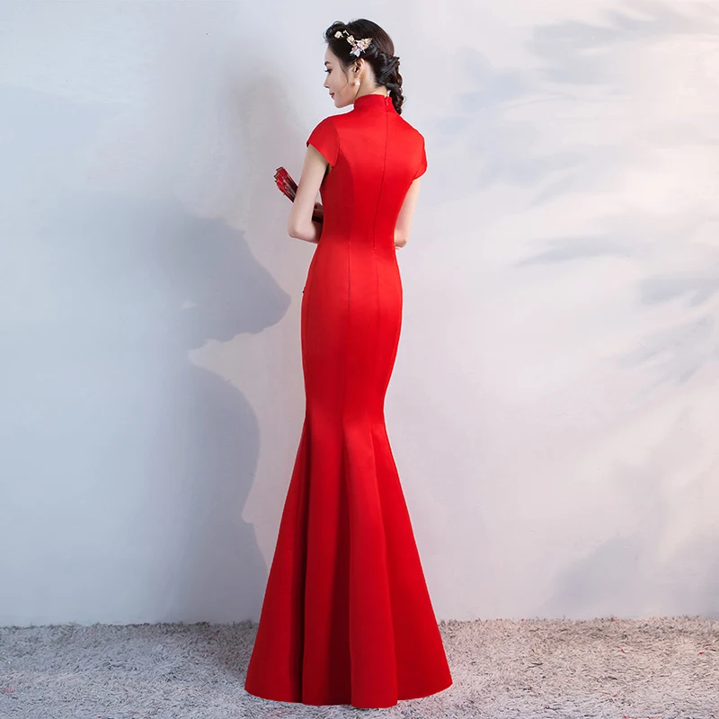 Красные женские длинные вечерние платья русалки Cheongsam в китайском стиле с