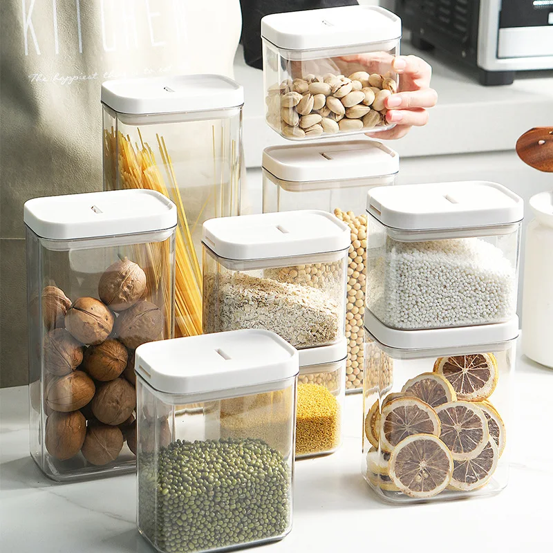 

Transparent Kitchen Food Storage Box Container Set Organizer Vacuum Lid Airtight Jars Pantry Noodle Legume Cereals Rice Pasta