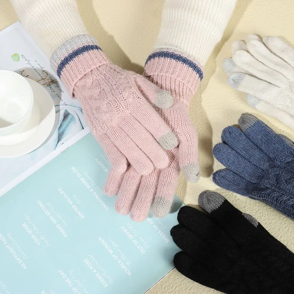 

Gifts Basic Thicken French Navy Wool Vinnie Knitted Gloves Plush Lining Mittens Full Fingered Gloves