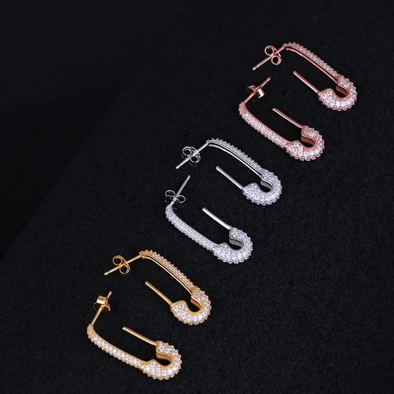Safety Pin Earrings 925 Sterling silver CZ rhinestone earring paperclip women earrings fashion 2020 | Украшения и аксессуары