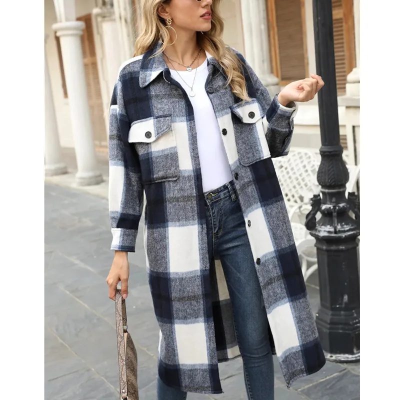 Женское модное длинное шерстяное пальто в клетку осенне-зимняя рубашка