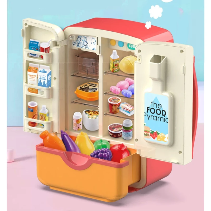 

1Set Play House Toy Cartoon Kitchen Freezer for Girl Pretend Play Role-Play Dollhouse Toy Table Refrigerator with Light